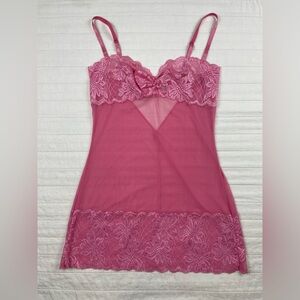 Frederick's of Hollywood Pink Sheer  Lace and Mesh Chemise Size Large